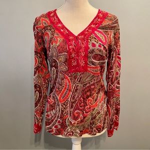 ALC Argyle Paisley Print 100% Rayon Bead Sequin V Neck Long Sleeve Blouse Small
